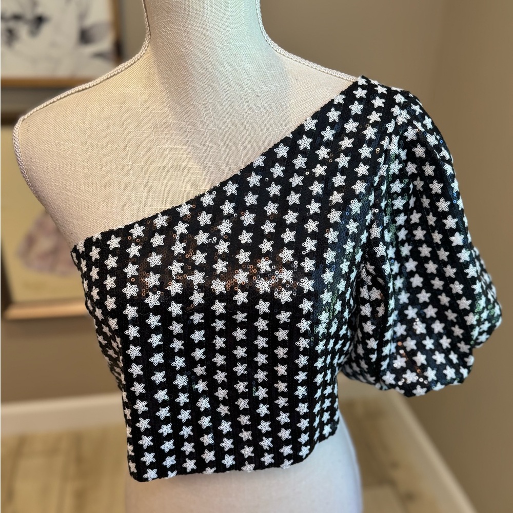 New! QUEEN OF SPARKLES Black and White Sequin Star One Shoulder Crop Top - Picture 3 of 7
